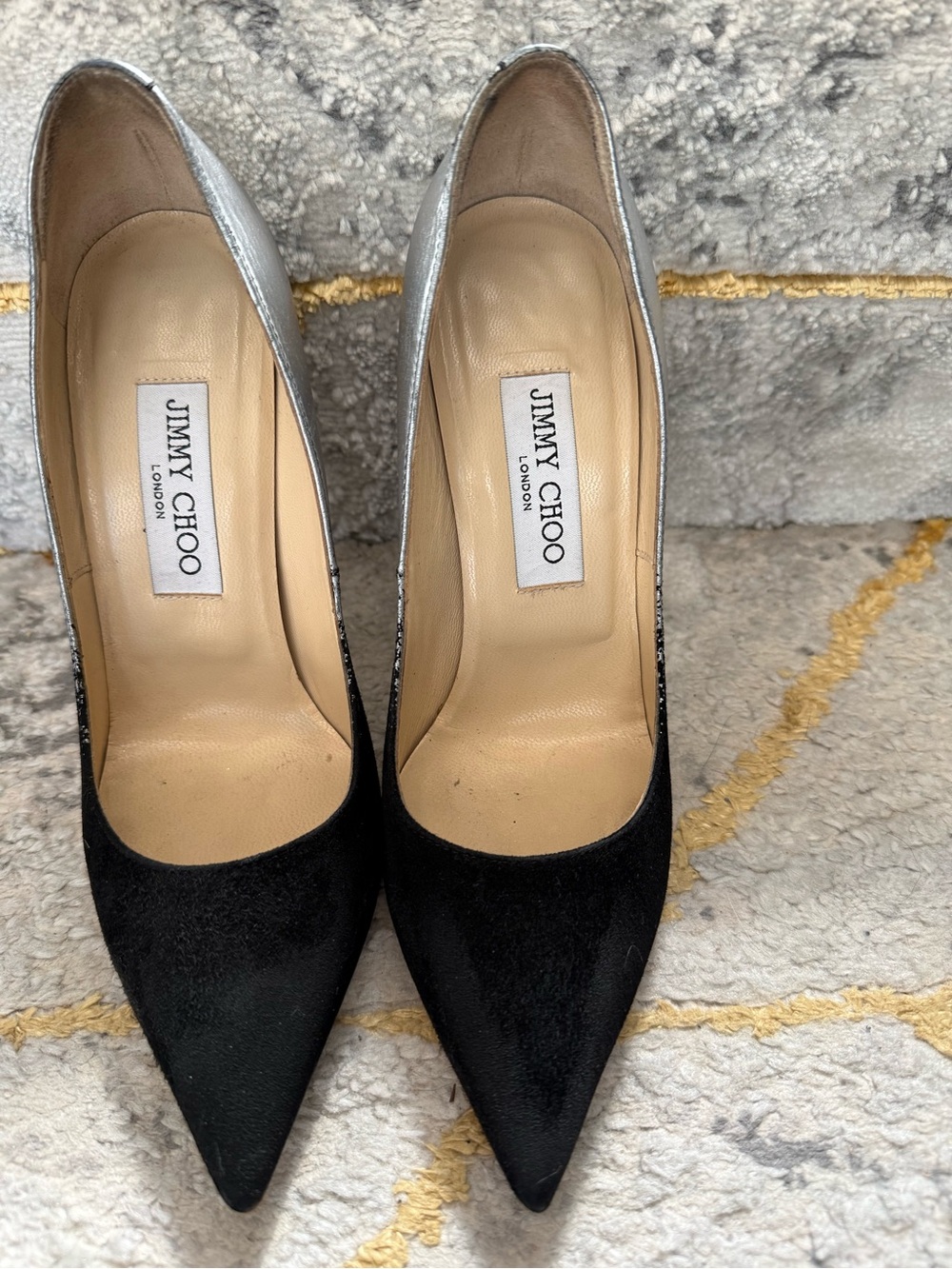 Jimmy Choo Black Suede Pointed Toe Pumps with Silver Metallic Heel